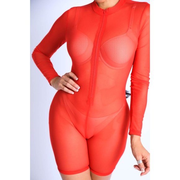 Pants - Women Sexy See Through Sheer Mesh Zip Up Bodysuit Jumpsuit Club Party Romper